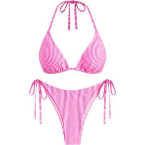ZAFUL Textured Halter Bikini for Women 2 Piece Triangle Bikini Sets Sexy High Cut Bathing Suit Side Tie Swimsuits (Small, 00-rose Stripe)