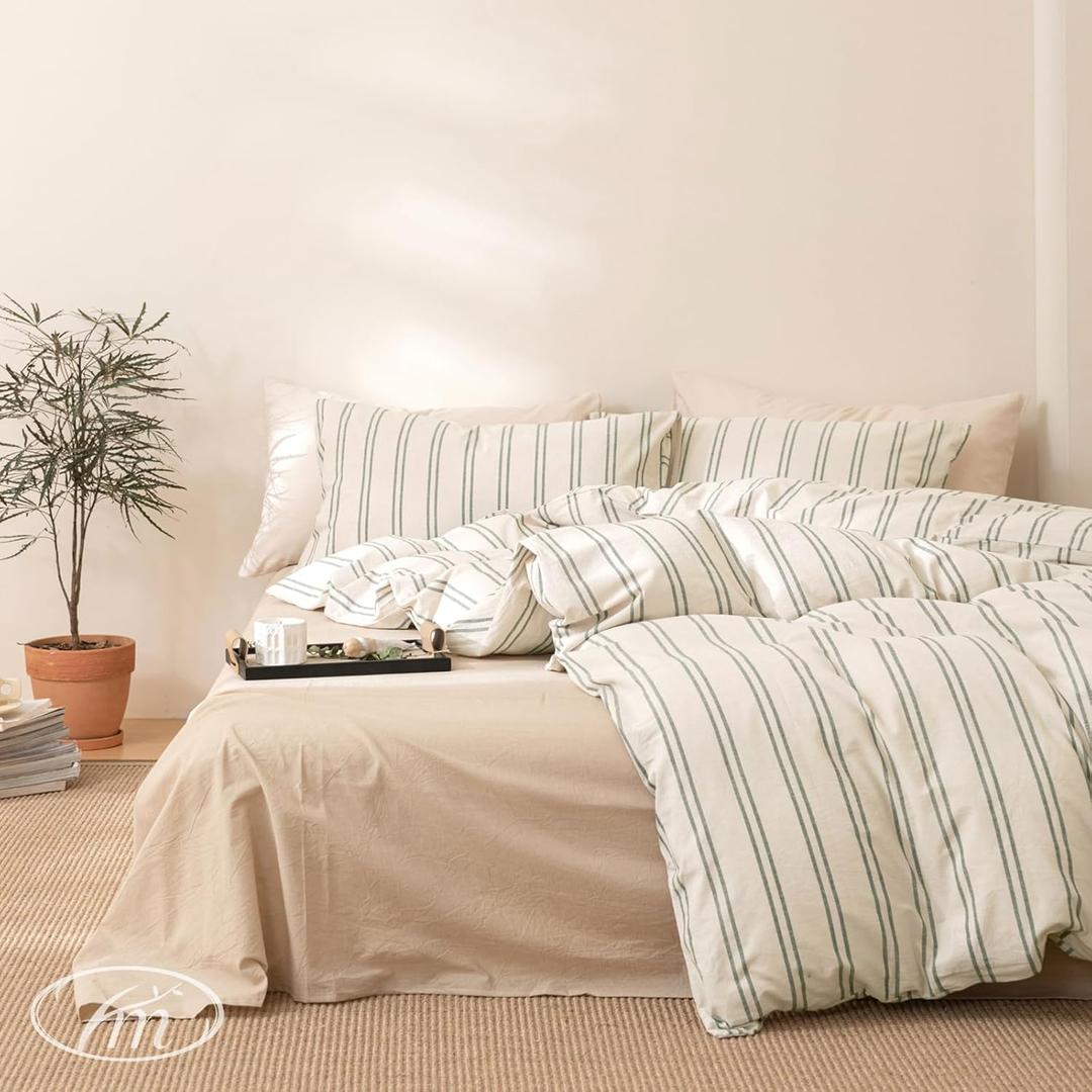 Striped Duvet Cover Set Queen Beige 100% Washed Cotton Bedding Set,Grey Vertical Ticking Stripes Pattern Comforter Cover with Zipper Closure (3pcs, Queen Size)