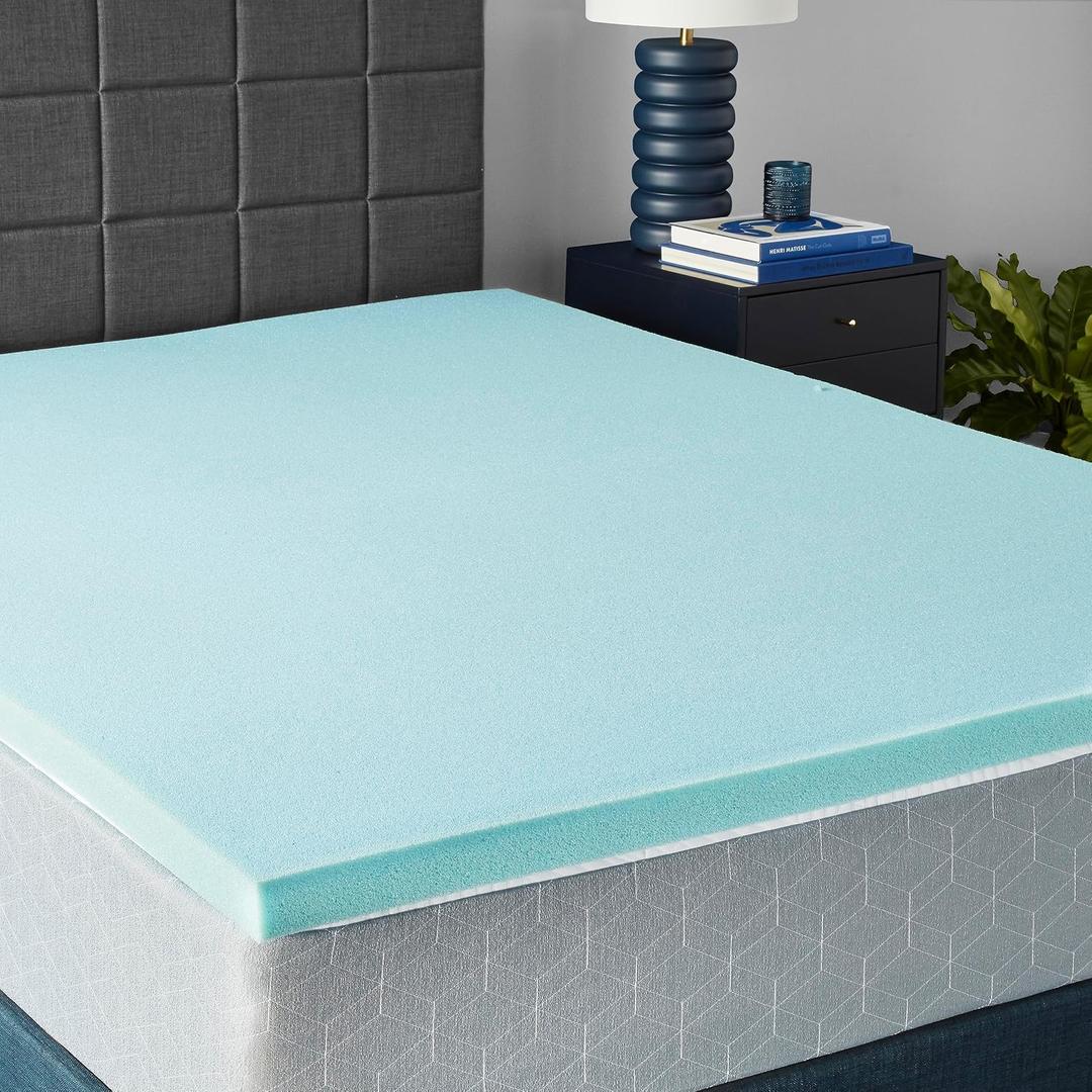 Amazon Basics Queen Cooling Gel-Infused Memory Foam Mattress Topper for Better Sleep, CertiPUR-US Certified, 2 inches, Blue