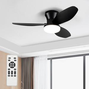 Small Ceiling Fan with Light - 35 Inch Flush Mount Ceiling Fans with Lights and Remote, Low Profile Ceiling Fan with 3 Reversible Blades, 6 Wind Speeds, Black Ceiling Fans for Bedroom Kitchen