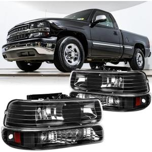 4PCS Headlights Assembly DOT Approved For 1999-2002 Chevy Silverado 1500 2500 3500 For 2000-2006 Suburban For 2001-2006 Chevy Tahoe Replacement Headlamp Black Housing Clear Amber Reflector