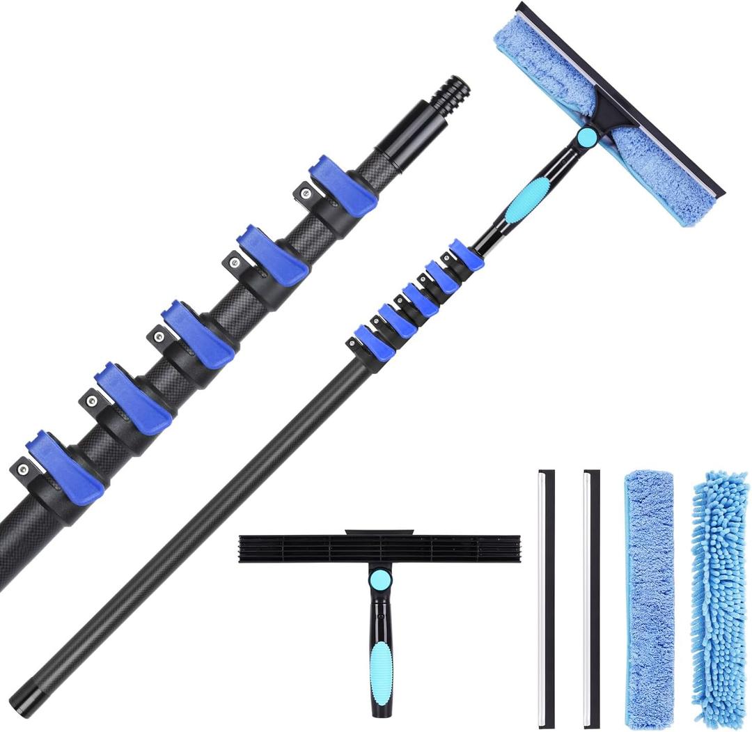 DOBEN 24-Foot Carbon Fiber Window Cleaner Tool with Telescopic Extension Pole, Rotating Scrubber & Squeegee - Durable Lightweight Design for Indoor/ Outdoor Glass Cleaning