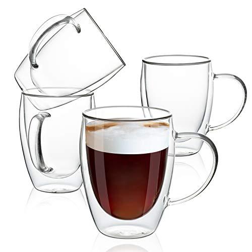 MEWAY 12oz/4 pack Coffee Mugs,Clear Glass Double Wall Cup with handle for Coffee, Tea, Latte, Cappuccino (12 oz，4)