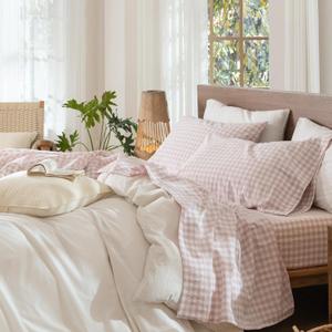 MooMee Gingham Sheet Set 100% Washed Cotton Linen Like Textured Breathable Soft w/Fully Elasticized 16-19" Deep Pocket (Classic Gingham Greyish Pink, Queen)