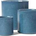 LE TAUCI Ceramic Plant Pots Indoor, 10+8+6 Inch Planters for Indoor Plants, Mid-Century Modern Flower Pots with Drainage Hole and Plug, Cylinder Round Planters, Set of 3, Reactive Glaze Blue