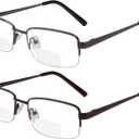 Yogo Vision Reading Glasses Set of 2 Bifocal Half Rim Metal Glasses for Reading Quality Spring Hinge Readers Men and Women Set of Gunmetal and Brown 1.75