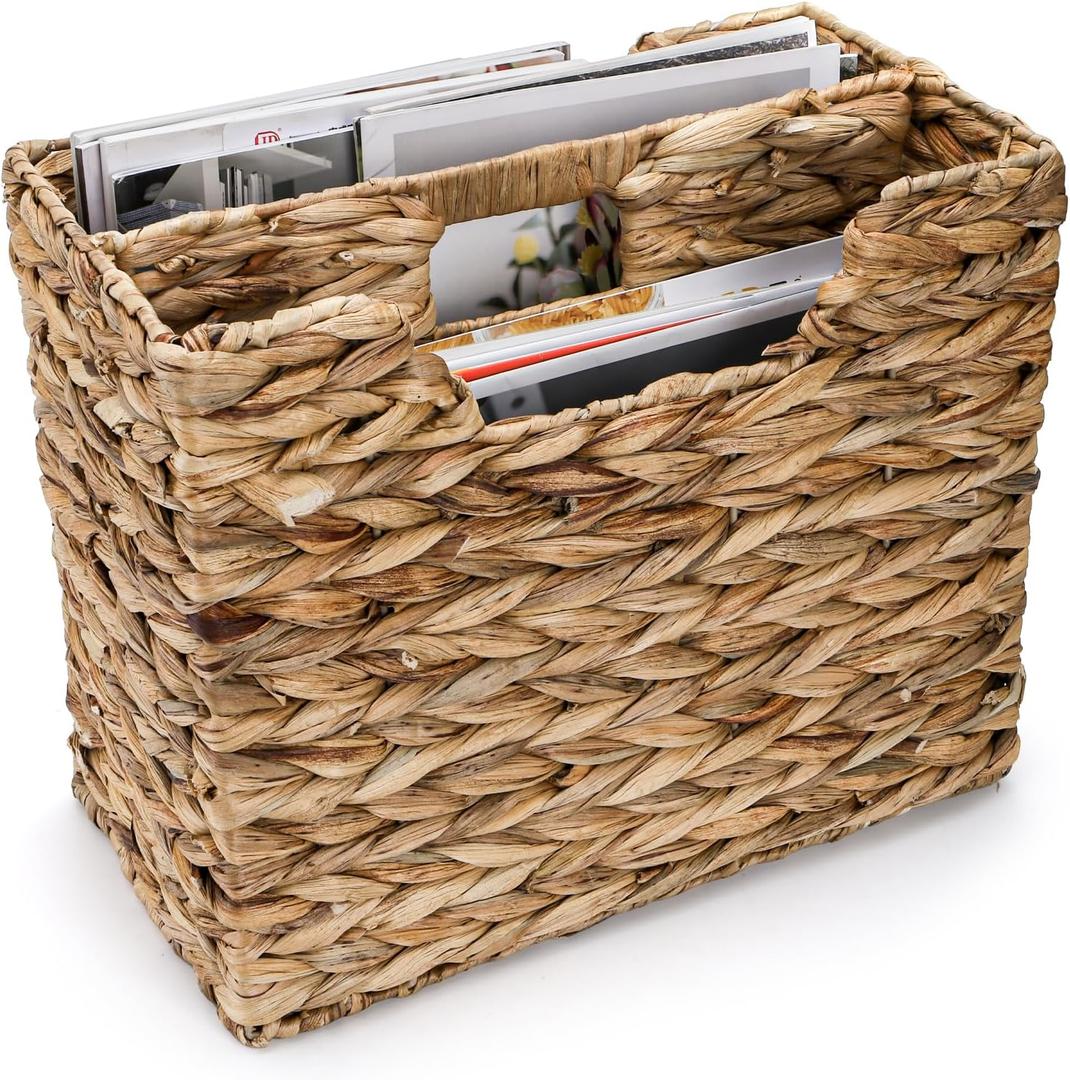 Yesland Hand-Woven Magazine Basket, Natural Narrow Water Hyacinth Holder Magazine Wicker Basket Organizer for Files, Decorative Divided Magazine Storage Basket Bin with Handle for Home, Office, Desk