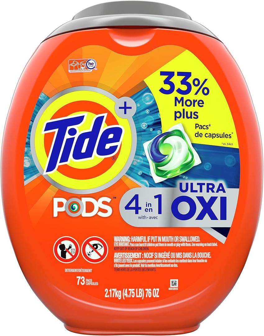 Tide PODS 4 in 1 Ultra Oxi Laundry Detergent Soap Pods, High Efficiency (HE), 73 Count