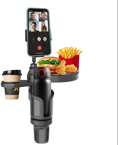 4-in-1 Car Cup Holder Expander with 360 Swivel Tray, Universal Adjustable Base for Large Mugs and Bottles, Integrated Smartphone Mount for Food and Snacks, Black