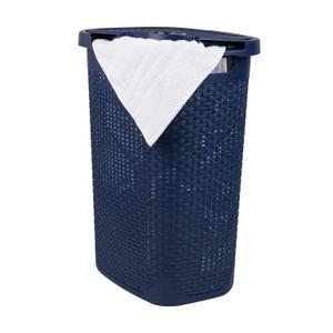 Mind Reader Slim Laundry Hamper with Lid, 60L Clothes Basket, Premium Wicker Design, Plastic, Navy