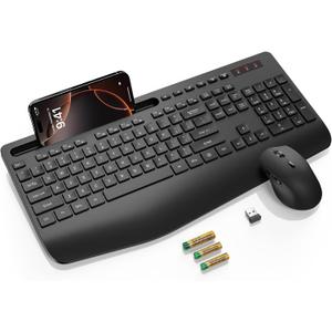 Wireless Keyboard and Mouse Combo - Full Size Ergonomic Wrist Rest, Silent Typing, Phone Holder, 2.4 GHz, 3 Level DPI, Batteries Powered, KM23D Set Compatible with PC, Laptop, Windows, macOS -SABLUTE