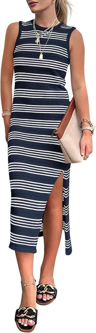 PRETTYGARDEN Women's Summer Bodycon Sundresses Casual Midi Sleeveless Hollow Out Knit Side Slit Striped Long Tank Dress (Striped Navy White, Medium)
