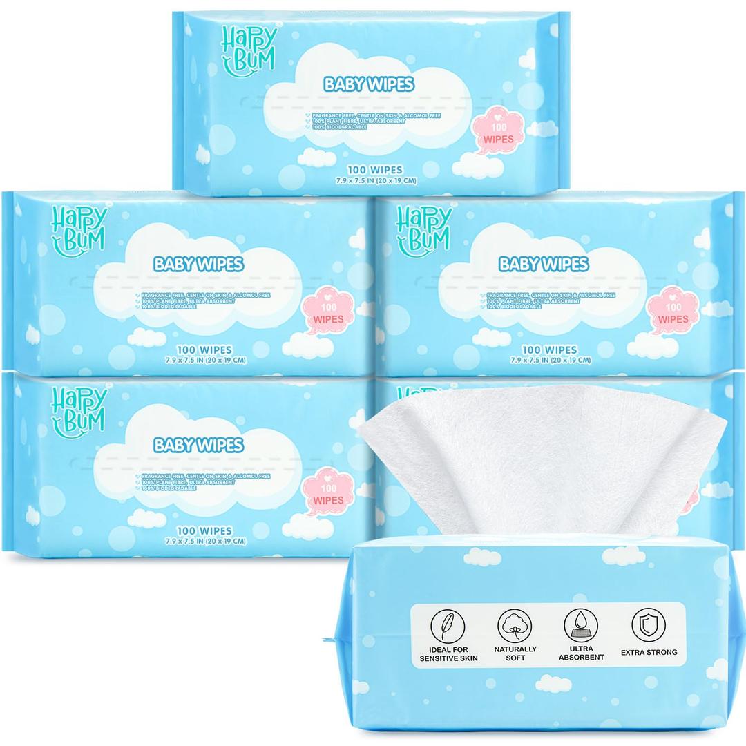Dry Wipes - HAPPY BUM Baby Wipes, Large Baby Wipes, Wet and Dry Use, Unscented Tissues for Sensitive Skin (600 Count)