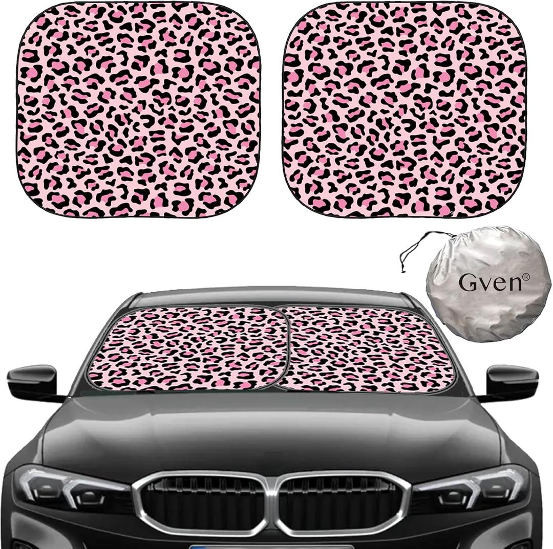Gven Windshield Sun Shade 2pcs with Bonus Pink Car Sunshade for Front Window Shades 2025 Technology Reflect UV and Heat Sun Visor Automotive Interior Accessories Sun Protection (Pink Leopard, S)
