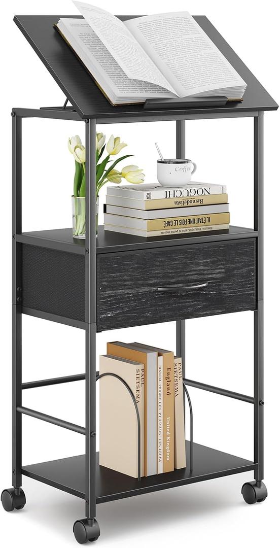 HOMEKOKO 3-Tier Bookshelf with Adjustable Flip Top, Living Room Industrial Movable Bookcase, Rustic Book Shelf with Drawer, Wood-Metal Rustic Bookshelves (Black Wood Veins)