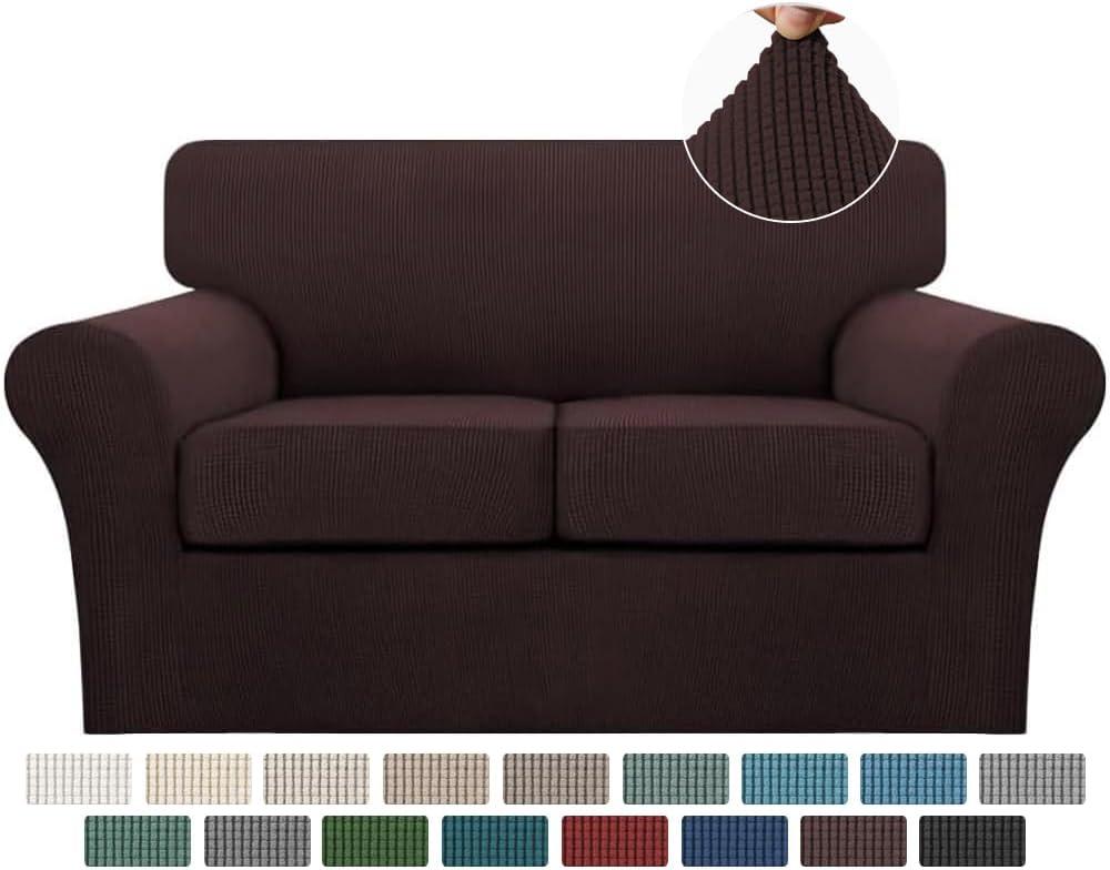 Turquoize 3 Piece Sofa Covers for 2 Cushion Couch Sofa Slipcover Soft Couch Cover for Dogs-Washable Sofa Furniture Covers with 2 Individual Cushion Covers, Thick Jacquard Fabric (Loveseat, Brown)