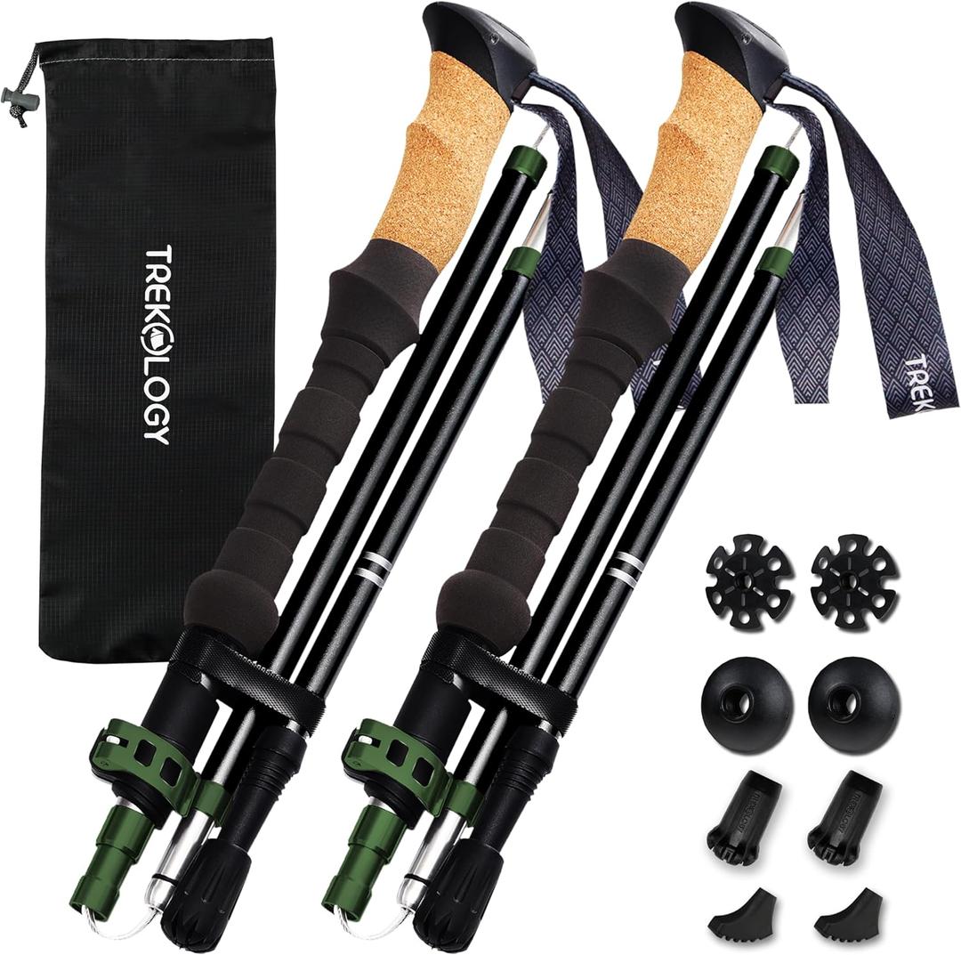 TREKOLOGY Trek-Z Cork Grip Trekking Poles  Lightweight Folding Hiking Poles, Adjustable Height, Compact Travel Design, Aircraft-Grade Aluminum Walking Sticks for Men & Women (Black with Green)