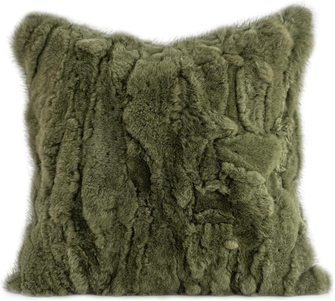 MOOX Rabbit Fur Throw Pillow Covers Decorative Fluffy Soft Fuzzy Plush Luxury Genuine Animal Skin Lumbar Pillow 18"x18" Cushion Cover, Dark Green