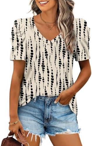 XIEERDUO Womens Summer Shirt V Neck Casual Tshirts Puff Sleeve Tops for Women Solid Color Size M