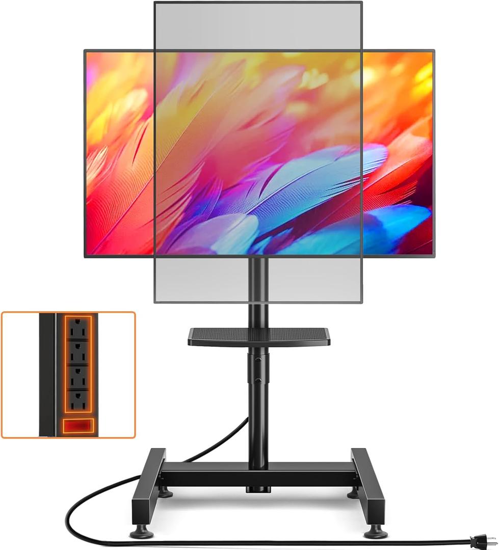 TVON Rolling TV Stand with Mount with Power Outlet for Most 13-50 inch TVs/Screen up to 55 lbs, Height Adjustable TV Floor Stand with Tilting and Rotating, Portrait to Landscap, Max VESA 200x200mm (BLACK)