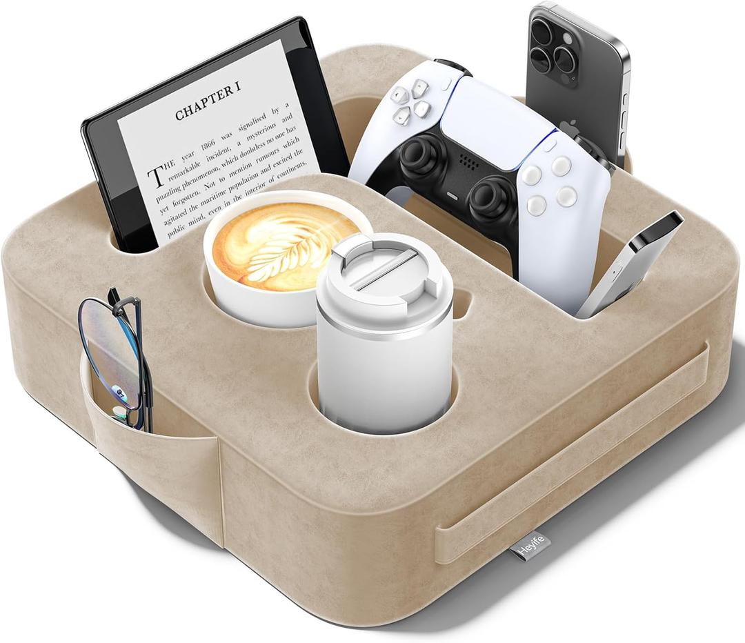 Couch Cup Holder Pillow, Sofa and Bed Caddy for iPad, Kindle, Switch, Game Controller, Remotes, Phones, Small-Sized Cup and Drink Holder for Couch, Bed, Desk, Car, Beach, Bathroom Cup Holder, Khaki