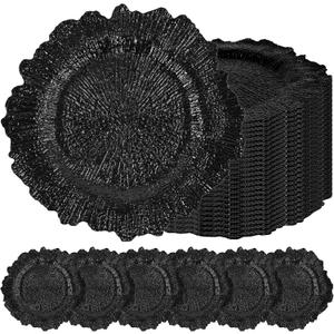 24 Pcs Black Charger Plates Bulk 13 Inch Plastic Charger Plates for Dinner Plate, Black Chargers for Table Setting, Reef Design Plate Floral Decorative Round Chargers for Wedding Party, Event