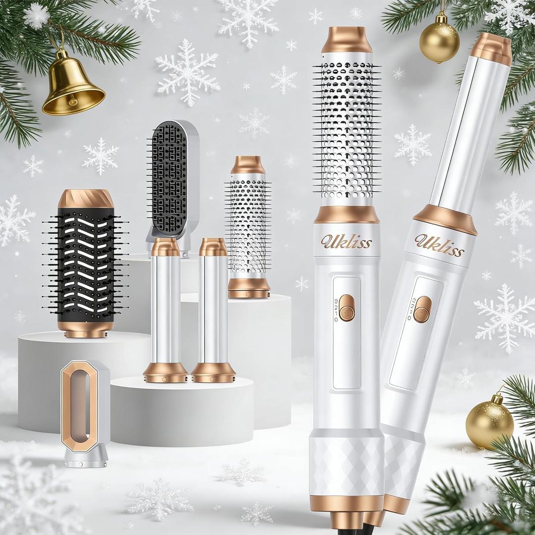 Ukliss 6 in 1 Hair Dryer Brush, Air Styler with Auto Wrap Curling - Ionic Blow Dryer for Frizz-Free Fast Drying, Volumizing Brush & Straightener for All Hair Types, ALCI Plug (White Gold)