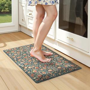 KIMODE Kitchen Mats for Floor Cushioned Anti Fatigue,Boho Vintage Kitchen Rugs Non Slip,Cushioned Memory Foam Kitchen Standing Floor Mat for Bathroom Sink Office Home Decor,Blue/Red 17.3"x28" (Dark Green/Orange)