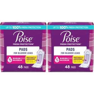 Poise Incontinence Pads, Maximum Absorbency, Regular, 48 Count (Pack of 2)
