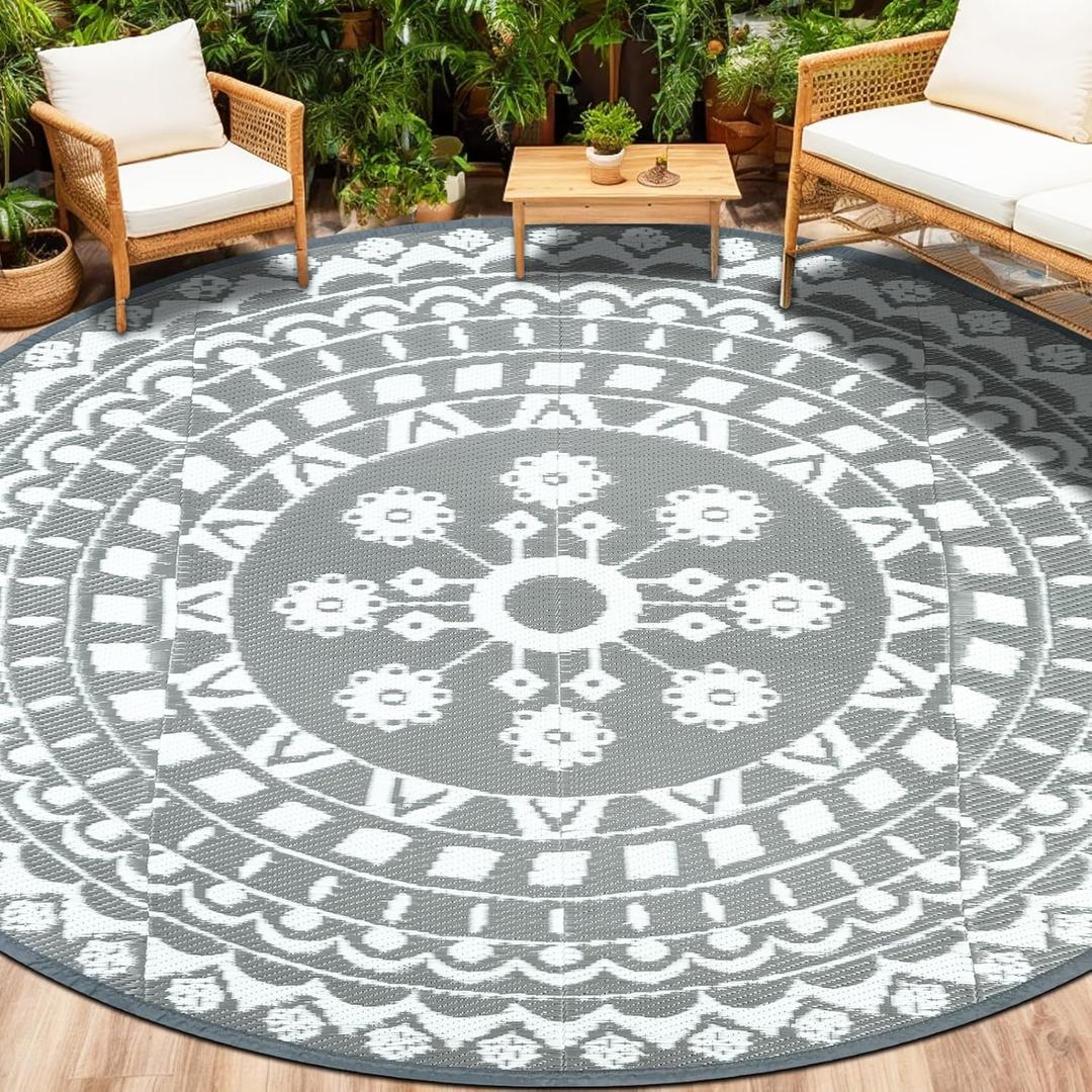 Capslpad 8Ft Round Outdoor Rug for Patios Clearance Reversible Mat Plastic Straw Patio Rugs Lightweight RV Camping Mat Circle Outside Area Rug Carpet for Balcony Deck Trailer Picnic BBQ, Grey
