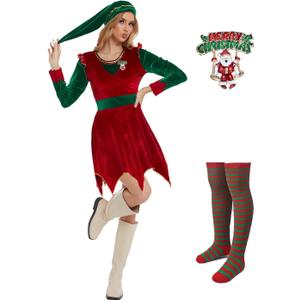 YIGMAW Elves Costume Women Adult Halloween Christmas Outfits for Women Cosplay with Brooch Socks (XL)