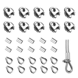 30PCS 1/4 Inches M6 Stainless Steel Wire Rope Cable Clip Clamp & M6 Thimble & M6 Aluminum Crimping Loop Sleeve (3 Styles 10PCS Each), Cable Clamp Fasteners for 1/8"-1/4" Diameter Wire Rope or Cables