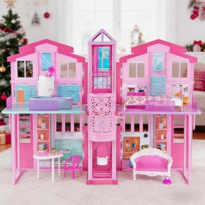 Dreamy Doll House, Dollhouse Playhouse with Large Rooms & Big Furnitures, Including Elevator, Foldable Dolls House Toys Gifts for Girls Kids Ages 3+