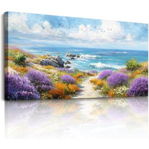SERIMINO Coastal Wall Art, Oversized Wall Art, Beach Wall Decor, Blue Ocean Landscape Prints, Seashore Floral Large Pictures, Tropical Paintings for Living Room Office Bedroom Dining Room 29"x57" (Bright Seaside)
