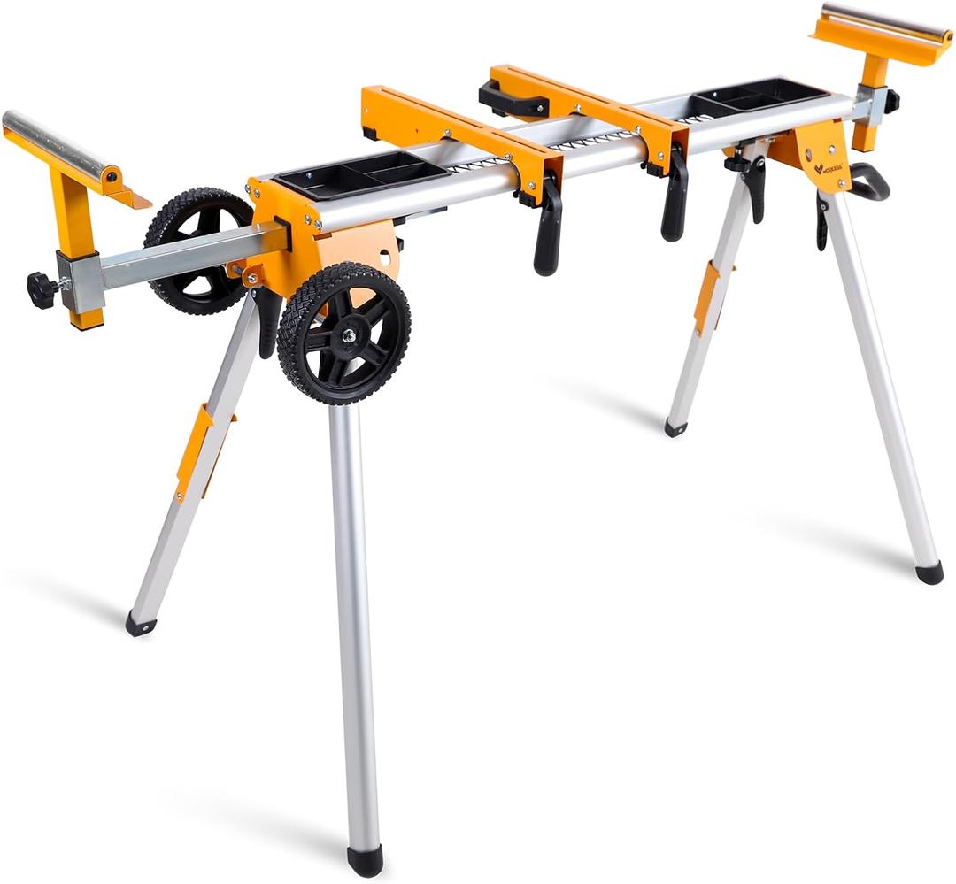 Portable Miter Saw Stand with 6.75 in Wheels 330 lbs Load Capacity Heavy Duty Universal Mitre Saw Stand Tool Storage Trays WK-MS080 (Silver,yellow)