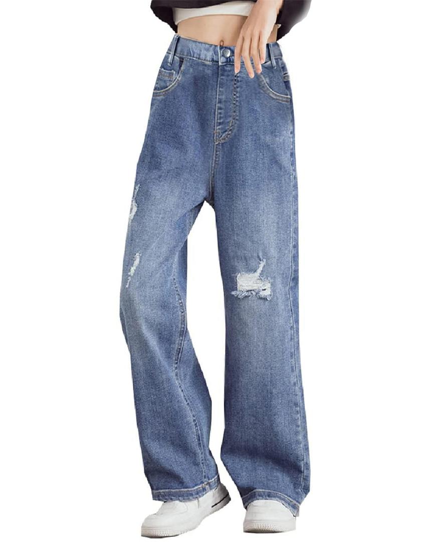 SANGTREE Womens Wide Leg Jeans Elastic Waist Denim Pants Baggy Jeans for Womens Ripped DarkBlue S (Blue, S)