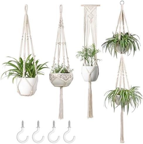 Mkono Macrame Plant Hangers Set of 4 Indoor Hanging Planter Basket Wall Decorative Flower Pot Holder with 4 Hooks for Indoor Outdoor Home Decor Gift Box, Ivory