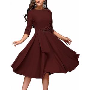 FENJAR Women's Formal Dresses Casual Wedding Guest Church Work Elegance Audrey Hepburn Style A-line Midi Dress(Z-Burgundy-S)