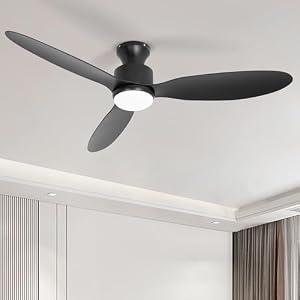 revoici 52 Inch Black Ceiling Fan with Lights, 3 ABS Black Blade Flush Mount Low Profile for Bedroom, 6 Speed Reversible Motor 3CCT Dimmable, Modern Indoor Outdoor with Remote Control