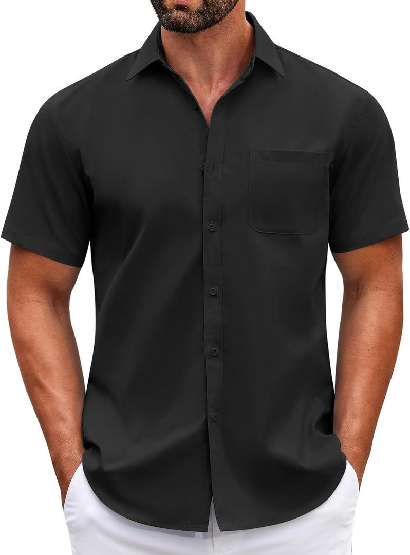 COOFANDY Mens Short Sleeve Casual Button Down Shirts Summer Untucked Dress Shirts with Pocket (Black, XXL)