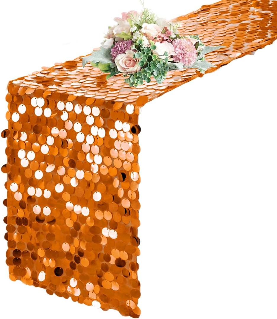 Pufogu 12 "x 108" Sequin Table Runner, Orange Glitter Premium Big Sequin Table Runner, Rectangle Table Runners for Halloween, Christmas, Wedding Party, Birthday Party, Banquet Decor (1 Pack)., 12"x108" 1PCS