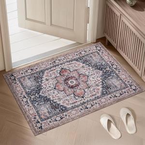 PURRUGS Vintage Farmhouse Boho Throw Rug 2x3 ft, Non-Slip Machine Washable Rug, Accent Oriental Area Rug for Entryway, Kitchen, Bedroom, Living Room and Dining Room, Coral Red/Marine Blue