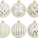 XmasExp Vintage Rustic Christmas Ball Ornaments Sets, Neutral Shatterproof Christmas Ornaments Farmhouse Christmas Tree Decorations Large Hanging Ball for Xmas Home Party White Gold, 6Pcs