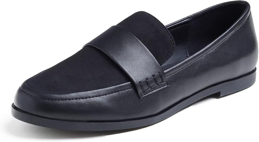 FEVERSOLE Women's Fashion Dress Comfort Low Heel Office Penny Loafer Flats (7.5, Plain Welt Faux Suede Black Vegan Leather)
