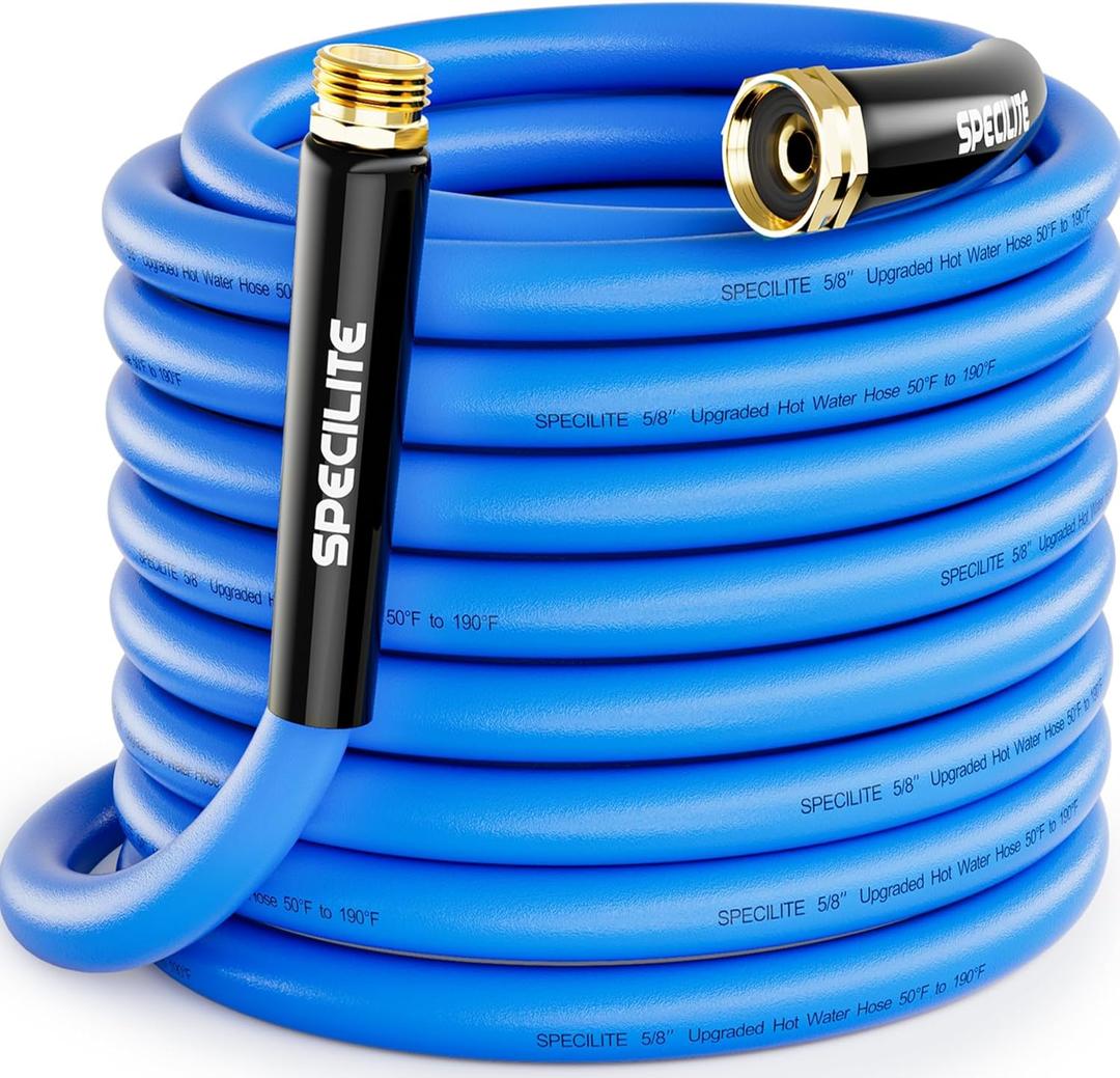 SPECILITE Hot/Cold Garden Water Hose 50 ftx 5/8 in, -50 To 190, Heavy Duty, Flexible, Burst 605 Psi, Lightweight, Upgraded Rubber Pipe with 3/4" Brass Fittings For Backyard, Outdoor, Farm, Blue