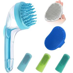 (6 Pcs) ELEGX Pet Grooming Bath Massage Brush with Soap and Shampoo Dispenser Soft Silicone Bristle for Long Short Haired Dogs Cats Shower (Light blue)