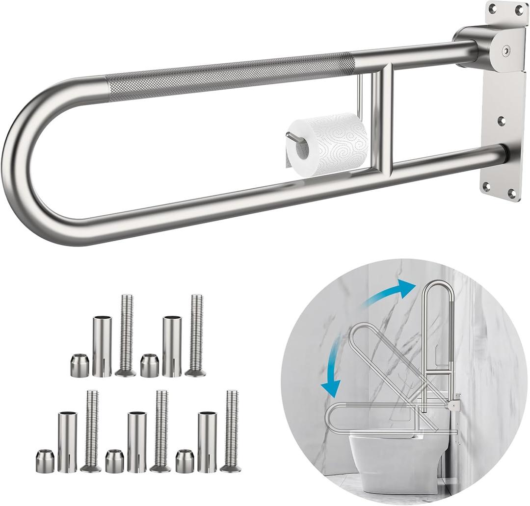 Toilet Grab Bar 30.3 Inch, Munzong Anti-Slip Handicap Grab Bars with Paper Holder, Flip-Up Bathroom Toilet Safety Rails, Stainless Steel Knurled Support handrails for Seniors Elderly Disabled Pregnant (Satin Nickel)