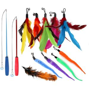 Magnetic Cat Wand Toy Set  2PCS Retractable Wands, 10 Feather Refills, and 2 Silver Magnetic Connectors for Interactive Indoor Cat Play (14PCS)