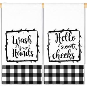 Tatuo 2 Pcs Buffalo Plaid Bathroom Hand Towels Black and White Checkered Kitchen Tea Towels 17 x 27 Inch Farmhouse Hello Sweet Dish Cloths for Bathroom Home Washing Drying Dishes