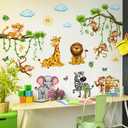 Cartoon Jungle Animal Wall Stickers, Colorful Butterfly Giraffe Elephant Peel and Stick Wall Decals, Baby Room Nursery Kids Bedroom Art Wall Decor (Jungle Animal Gathering)